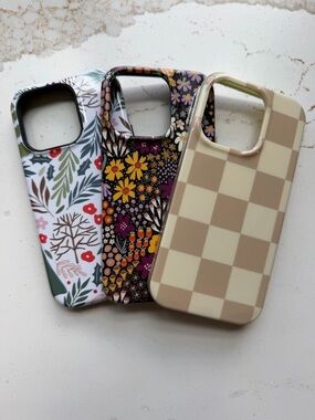 iPhone 14 PRO Stylish Floral & Checkerboard Phone Case Set-Beige, Black & White